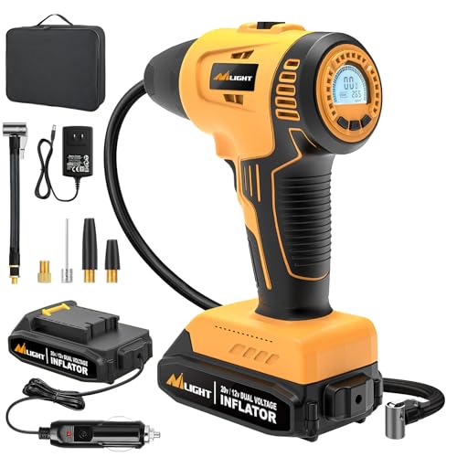 Nilight Cordless Tire Inflator Air Compressor Dual Power Supply 20V Rechargeable Battery Powered 150PSI Handheld Air Portable Pump with 12V Adapter Digital Pressure Gauge for Cars Motorcycles - color: Ac/DC Handheld Tire Inflator