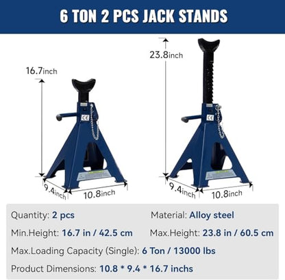 6 Ton (13,000 lbs) Heavy Duty Steel Jack Stands, Double Locking Adjustable Car Jack Stands with Wide Pyramid Base & Large Saddle, 16.7"- 23.8" Lifting Height for SUVs, Trucks & Cars, 1 Pair - size: 1 Pair