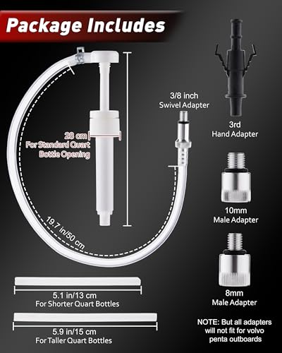 Lower Unit Gear Oil Pump for Standard Quart Bottles, 8cc Pump per Stroke, Transfer Gear Oil, Differential & Tramsmission Fluid, Hand Fluid Pump for 28mm bottle caps, 3 Metal & 3rd Adapters - color: White, Quart Pump
