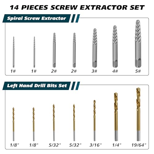 14-Piece Screw Extractor & Left-Hand Drill Bit Set, Easy Out Fastener Extractor Kit with Alloy Spiral Flutes - Premium Tool for Easily Removing Stripped, Broken & Rusty Screws, Bolts & Studs - size: 14PCS