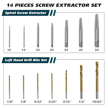 14-Piece Screw Extractor & Left-Hand Drill Bit Set, Easy Out Fastener Extractor Kit with Alloy Spiral Flutes - Premium Tool for Easily Removing Stripped, Broken & Rusty Screws, Bolts & Studs - size: 14PCS