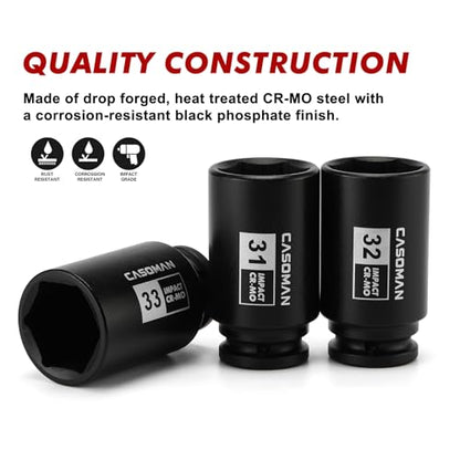 CASOMAN large socket set 1/2- Inch Drive Deep Spindle Axle Nut Impact Socket Set, 6 Point, CR-MO, Metric, 29mm-38mm, 9-Piece 1/2" Dr. Deep Impact Socket Set