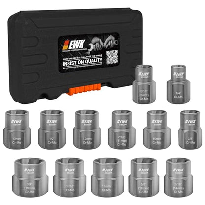 EWK 3/8 in Drive 13 Pcs Impact Bolt Extractor & Locking Lug Nut Removal Tool Set, CR-MO Flip-Style Stripped Screw and Damaged Nut Remover Sockets