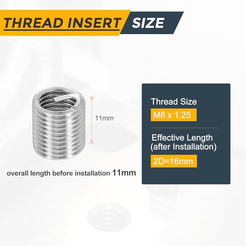 HARFINGTON 20pcs Wire Thread Repair Inserts M8 x 1.25 x 2D (16mm) Metric 304H Stainless Steel Helical Coiled Wire Screw Threaded Sleeve Sheath for Automotive Repairs - size: M8 x 1.25 x 2D