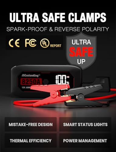 8250A Jump Starter Battery Jump Starter Battery Pack (for All Gas or 10.0+L Diesel), 12V Potable Heavy Duty Car Jump Start with 3.2 inch HD Screen, 2 USB Power Bank 48-Months Stand-by Time