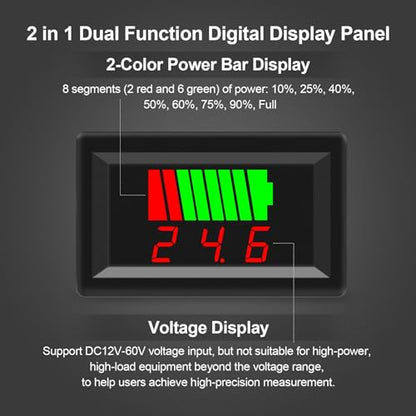 Exqutoo 2Pack DC 12V 24V 36V 48V 60V Battery Indicator Voltage Meter | 2 in 1 Battery Capacity and Voltage Monitor Red Display Battery Voltage Reader