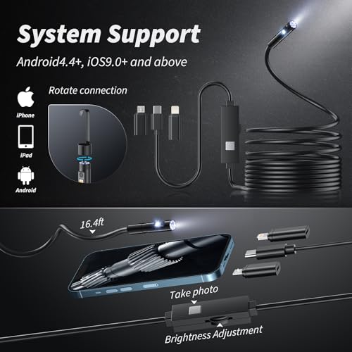Endoscope Camera with Light, 1920P HD Bore Scope Borescope with 8 Lights, Waterproof 16.4FT Semi-Rigid Cord for Pipe Inspection, Industrial Endoscope for Phones(Dual Lens) - style: Dual Lens