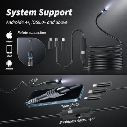 Endoscope Camera with Light, 1920P HD Bore Scope Borescope with 8 Lights, Waterproof 16.4FT Semi-Rigid Cord for Pipe Inspection, Industrial Endoscope for Phones(Dual Lens) - style: Dual Lens