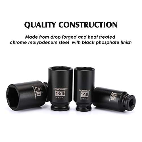MIXPOWER 8 Pieces 1/2-Inch Drive Deep Impact Socket Set, CR-MO, 6 Point, Deep, SAE, 1-Inch - 1-1/2 inch, 1/2" Drive Axle Nut Socket Set