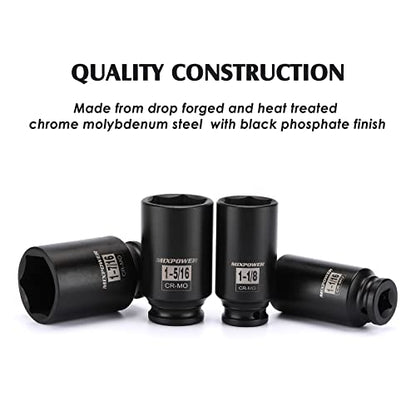 MIXPOWER 8 Pieces 1/2-Inch Drive Deep Impact Socket Set, CR-MO, 6 Point, Deep, SAE, 1-Inch - 1-1/2 inch, 1/2" Drive Axle Nut Socket Set