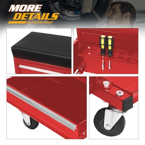 Magshion 3-Drawer Rolling Tool Chest, Mechanic Seat on Wheels with Drawers, Side Tool Tray & Rear Rack for Garage, Warehouse & Repair Shop, 350 Lbs Max Weight Capacity, Red - color: Red