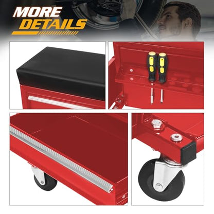 Magshion 3-Drawer Rolling Tool Chest, Mechanic Seat on Wheels with Drawers, Side Tool Tray & Rear Rack for Garage, Warehouse & Repair Shop, 350 Lbs Max Weight Capacity, Red - color: Red