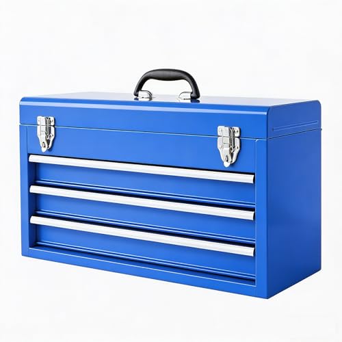 TCE 3 Drawer 20.5" Portable Metal Tool Box: Ball-Bearing Slides and 2 Metal Latches for Secure Closure in Garage, Home or Workbench, Blue - size: 20.5 inch