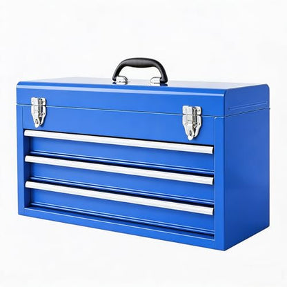 TCE 3 Drawer 20.5" Portable Metal Tool Box: Ball-Bearing Slides and 2 Metal Latches for Secure Closure in Garage, Home or Workbench, Blue - size: 20.5 inch