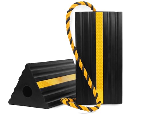 MaxxHaul 50019 Heavy Duty 3-Sided Rubber Wheel Chock with Yellow Reflective Strips and Nylon Rope and Non-Slip Base - 1 Pair - style: Rubber Wheel Chock