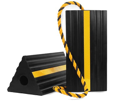 MaxxHaul 50019 Heavy Duty 3-Sided Rubber Wheel Chock with Yellow Reflective Strips and Nylon Rope and Non-Slip Base - 1 Pair - style: Rubber Wheel Chock