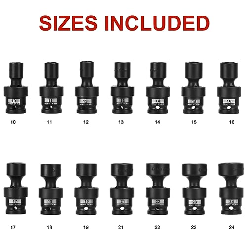 AOBEN 18 PCS 1/2" Drive Shallow Universal Impact Socket Set, Swivel Socket with Flexible Wobble, 6 Point, Metric,10-24mm,Cr-V Steel, Includes Extension Bars and Adapter