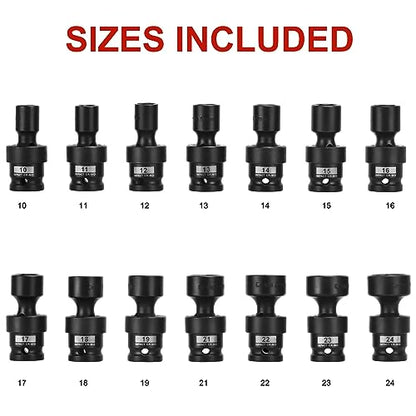 AOBEN 18 PCS 1/2" Drive Shallow Universal Impact Socket Set, Swivel Socket with Flexible Wobble, 6 Point, Metric,10-24mm,Cr-V Steel, Includes Extension Bars and Adapter