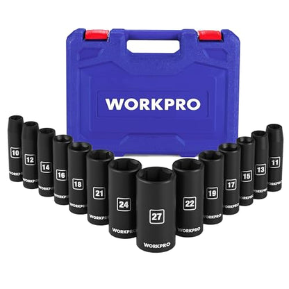 WORKPRO 14-Piece 1/2＂ Drive Deep Impact Socket Set, 6-Point Impact Deep Socket Set with Heavy Duty Storage Case for Automotive and Mechanical Repairs, 10mm-27mm, Cr-V Steel, Metric - style: 14PC, Metric