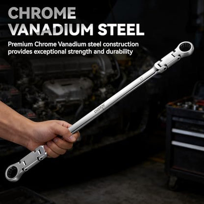 DISEN Extra Long Flex Head Ratchet Wrench Metric 14-15MM, Double Jointed Box End Ratcheting Combination Wrench, 72-Teeth, Cr-V Steel,12 Point - size: 14-15mm SET