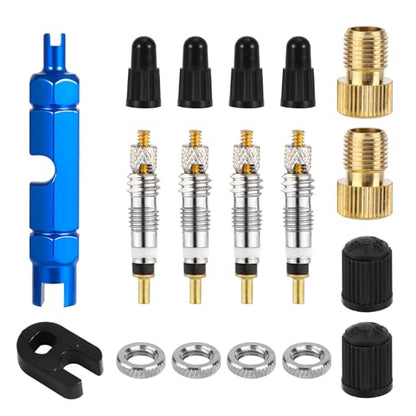 Valve Core Repair Kit for Presta, 4 Valve Cores 4 Valve Core Caps 4 Nuts 2 Plastic Caps 2 Converters and 2 Plastic & Alloy Valve Stem Dismantle Removal Tool for Bike Tire Application
