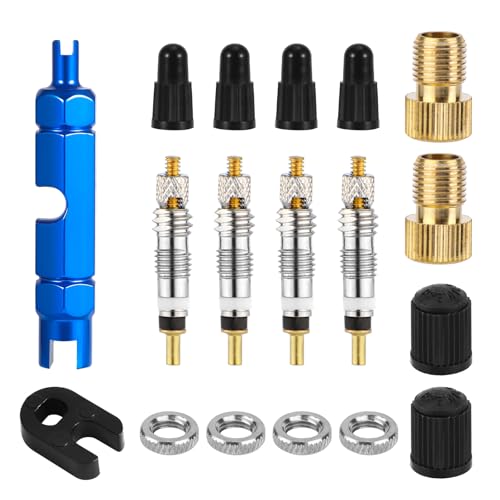 Valve Core Repair Kit for Presta, 4 Valve Cores 4 Valve Core Caps 4 Nuts 2 Plastic Caps 2 Converters and 2 Plastic & Alloy Valve Stem Dismantle Removal Tool for Bike Tire Application