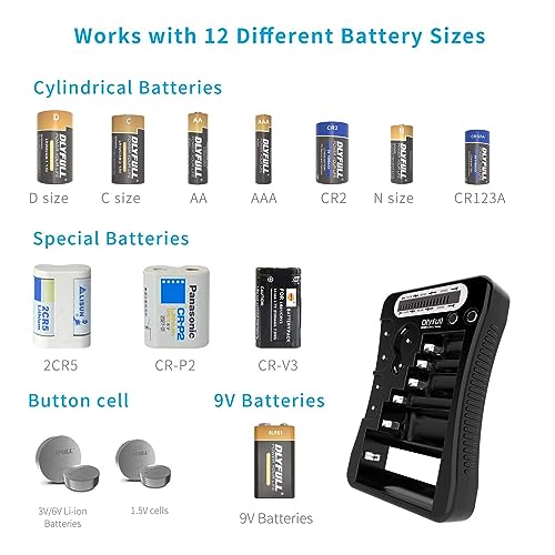 Dlyfull Battery Tester, LCD Display Universal Battery Checker for AA AAA C D 9V CR2032 CR123A CR2 CRV3 2CR5 CRP2 1.5V/3V Button Cell Batteries, 1x AAA Batteries Included