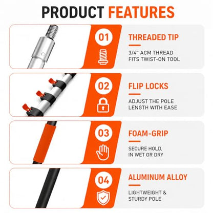 17ft Telescopic Pole with Car Wash Brush and Window Squeegee Kit, 3-12 ft Extension Pole, Bristles Wash Brush, Chenille Mop & Wash Mitt, Wheel Brush for Outdoor Cleaning Supplies for Roof, RV, Truck