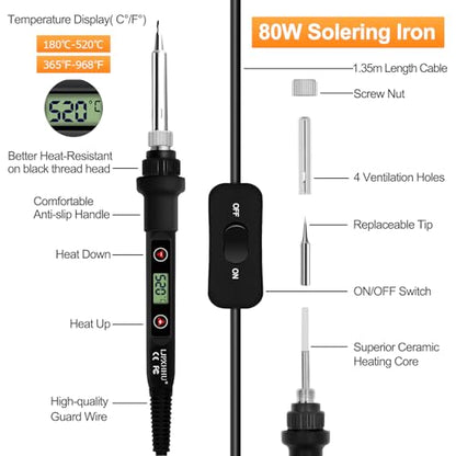 80W LCD Soldering Iron Kit Adjustable Temp 180-520℃ Precision Soldering Gun | 15s Fast Heating Electronics Soldering Kit with 50g Solder Wire, Flux, 5 Soldering Tips, Desoldering Pump, Stand, Tweezers