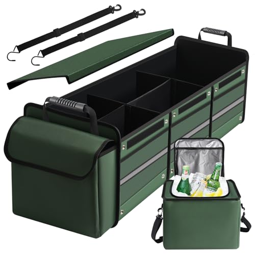 Snuopfy Car Trunk Organizer,115L Heavy Duty Collapsible Trunk Storage, with Insulated Leakproof Cooler Bag Vehicle Cargo Organizer with Lid, 3 Compartments, Straps For Car,Suv,Jeep,Sedan-Green - color: Green 115L