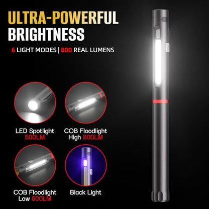 Pen Light Flashlight, 800 Lumens LED Pen Flashlights Rechargeable 6 Modes COB Magnetic Flashlight with Clip Bright Pocket Flashlights Work Light Portable Waterproof Durable Penlight (1, 7.08in) - size: 7.08in