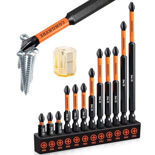 COMOWARE 13pcs Phillips Head Drill Bits #2, S2 Steel 1/4" Hex Bit Set, Anti Slip Screwdriver Bits, 1-6" Length, CNC Tip Magnetic Drill Bit, Impact Hex Bits Sets For Electronic Devices Disassembly - color: Ph2 12pcs Impact