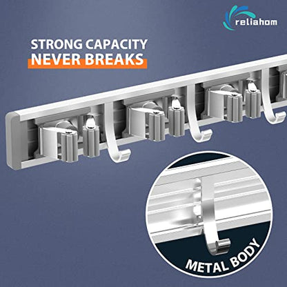 reliahom Broom Holder Wall Mount Mop Hanger Tools organizer 5Racks 4Hooks | Adjustable Mop Broom Wall Hanging Heavy duty Tools Storage Rack Space-saving for Garage,Kitchen,Laundry Room,Garden, Silver - color: Silver