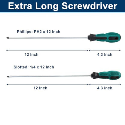 12-Inch Extra Long Slotted & Phillips Screwdriver Set, PH2 Magnetic Tip Flat Blade Cross-head Screwdrivers with Green Rubber Handle (2-Pack) - size: Slotted & Phillips (Green)