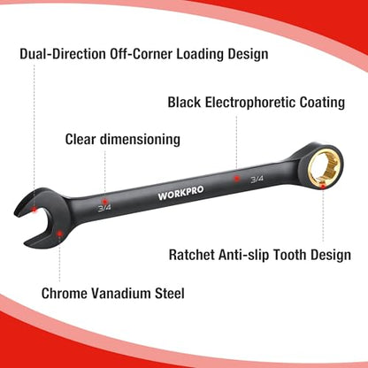 WORKPRO 9-Piece Anti-Slip Ratcheting Combination Wrench Set, SAE 1/4"-3/4", 72-Teeth, Cr-V Constructed, Black Ratchet Wrenches Set with Roll Up Pouch - style: SAE