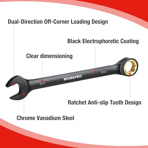 WORKPRO 9-Piece Anti-Slip Ratcheting Combination Wrench Set, SAE 1/4"-3/4", 72-Teeth, Cr-V Constructed, Black Ratchet Wrenches Set with Roll Up Pouch - style: SAE