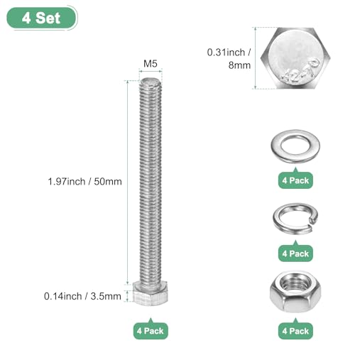 M METERXITY 4-Pack Hex Head Screw Bolt with Nuts Flat & Lock Washers M5x50mm Stainless Steel Bolts and Nuts Kit Fully Threaded Metric Bolt Assortment for Equipment/Machinery - size: M5 x 50mm