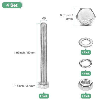 M METERXITY 4-Pack Hex Head Screw Bolt with Nuts Flat & Lock Washers M5x50mm Stainless Steel Bolts and Nuts Kit Fully Threaded Metric Bolt Assortment for Equipment/Machinery - size: M5 x 50mm