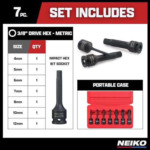 NEIKO 01130B 3/8" Drive Allen Socket Set, 7 Piece, 3 Inch, 3/8” Impact Hex Bit Socket Set, Metric Hex Driver 4 mm to 12 mm, Chrome-Moly Cr-Mo Impact Grade - style: Metric
