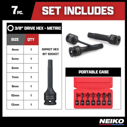 NEIKO 01130B 3/8" Drive Allen Socket Set, 7 Piece, 3 Inch, 3/8” Impact Hex Bit Socket Set, Metric Hex Driver 4 mm to 12 mm, Chrome-Moly Cr-Mo Impact Grade - style: Metric