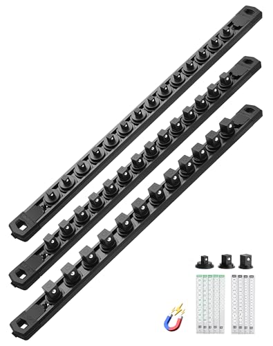 ALOANES Magnetic Socket Organizer Set of 3, Heavy-Duty Aluminum 360° Swivel Clip Socket Holder, Compatible with 1/2", 3/8", 1/4" Sockets, Includes 40 Clips, Tool Box Drawer Storage (Black) - color: Black, size: 3PC, 1/2, 3/8, 1/4-Inch Drive