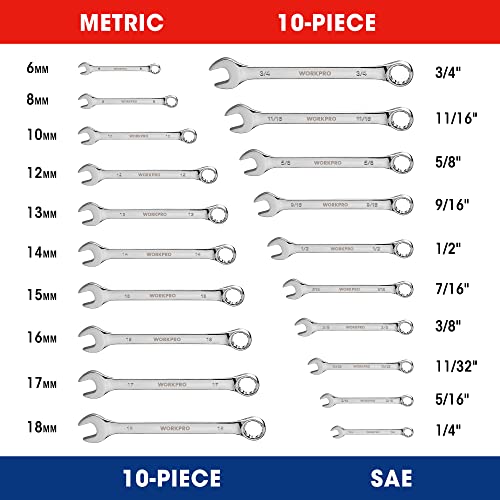 WORKPRO 20-piece Combination Wrench Set, Metric 6-18mm & SAE 1/4”- 3/4”, Cr-V Steel, 12-point Wrenches Set with 2-in-1 Rolling Pouch