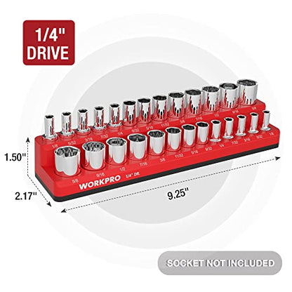 WORKPRO Magnetic Socket Organizer, 1/4-Inch SAE Socket Holder | Hold 26-Piece Sockets, Suitable for Standard and Deep Sockets, Magnetic Base, No Scratches Installation, Socket Not Included - size: 1/4" DR - SAE