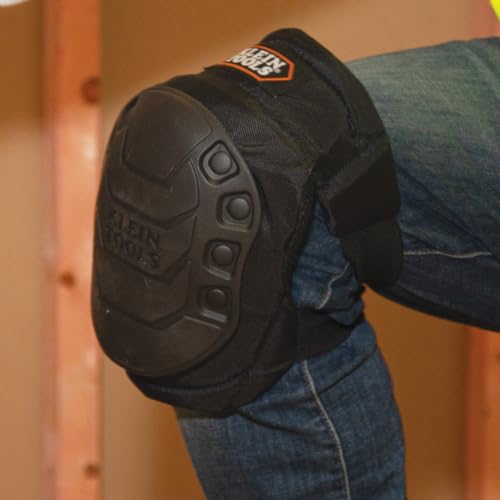 KLEIN TOOLS 60344 Knee Pads, Hinged Gel Knee Pads with Slip Resistant Rubber Caps, Quick-Release Clips and Adjustable Straps, Black