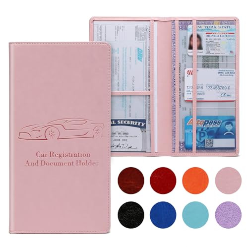 Car Registration and Insurance Card Holder for Women Men, Pink Glove Box Paperwork Organizer with Magnetic Buckle for Easy Access and Protect Documents and Various Cards in Vehicle - color: Pink
