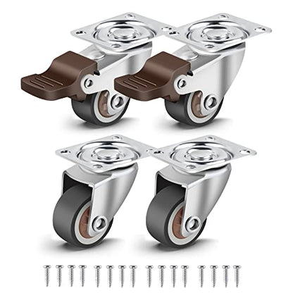 Nefish 4 Pack 1" Small Caster Wheels for Furniture Low Profile Soft Rubber Casters Swivel Plate Castors Rolling Smooth, Load Capacity 100 Lbs for Set of 4 (2 with Brake and 2 Without) - style: 1 IN (4 Pack)