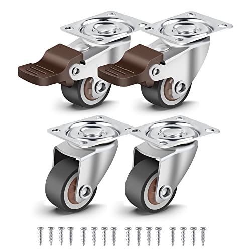 Nefish 4 Pack 1" Small Caster Wheels for Furniture Low Profile Soft Rubber Casters Swivel Plate Castors Rolling Smooth, Load Capacity 100 Lbs for Set of 4 (2 with Brake and 2 Without) - style: 1 IN (4 Pack)