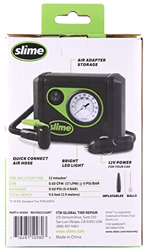 Slime 40059 Tire Inflator, Junior, Compact, Powerful, Portable Car Air Compressor, Lightweight, Analog, Flat Tire Repair, 12V, 12 min Inflation - style: Junior