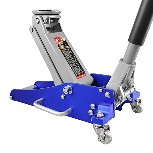 BIG RED T815016L Torin Hydraulic Low Profile Aluminum and Steel Racing Floor Jack, 1.5 Ton (3,000 lb) Capacity, Blue & T42002A Torin Steel Jack Stands: Double Locking, 2 Ton (4,000 lb) Capacity, Red