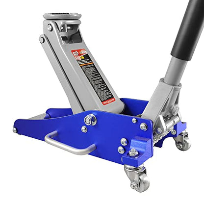 BIG RED T815016L Torin Hydraulic Low Profile Aluminum and Steel Racing Floor Jack, 1.5 Ton (3,000 lb) Capacity, Blue & T42002A Torin Steel Jack Stands: Double Locking, 2 Ton (4,000 lb) Capacity, Red